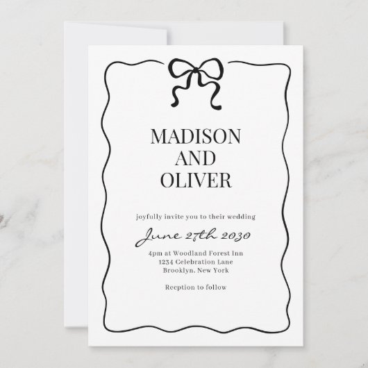 Whimsical Black Bow Tie Wedding 招待状 (正面)