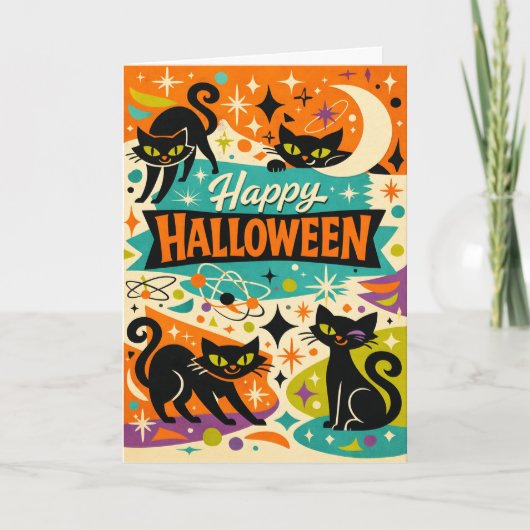 Whimsical Black Cat Atomic Age Halloween カード (正面)