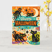 Whimsical Black Cat Atomic Age Halloween カード (黄色い花)