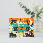 Whimsical Black Cat Atomic Age Halloween シーズンポストカード (スタンド正面)