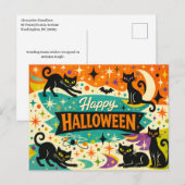 Whimsical Black Cat Atomic Age Halloween シーズンポストカード (正面/裏面)