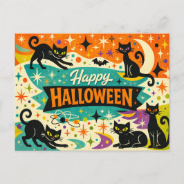 Whimsical Black Cat Atomic Age Halloween シーズンポストカード