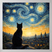 Whimsical Black Cat & Celestial Town Wall Art ポスター (正面)