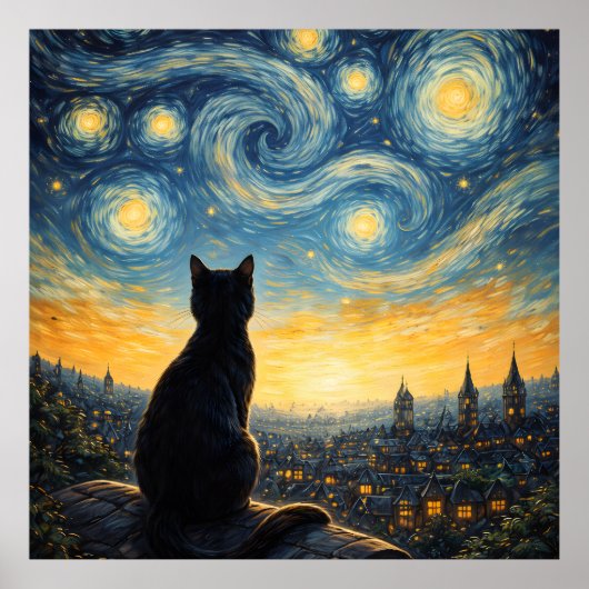 Whimsical Black Cat & Celestial Town Wall Art  ポスター (正面)