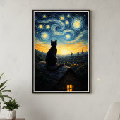 Whimsical Black Cat & Celestial Town Wall Art ポスター