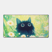 Whimsical Black Cat Daisy Meadow Teal Sky デスクマット (正面)