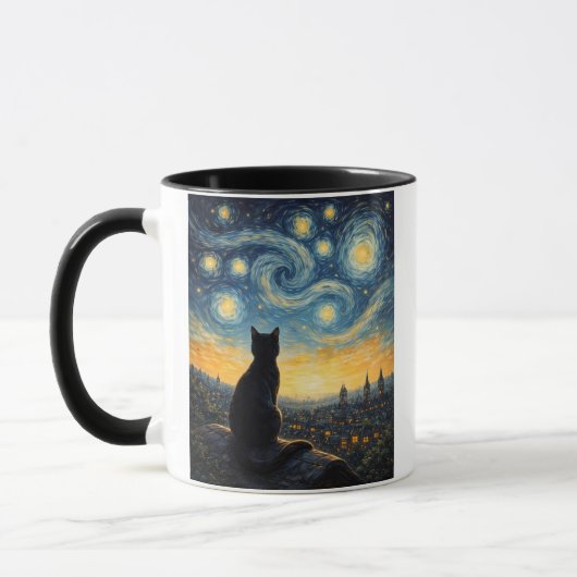 Whimsical Black Cat & Swirling Sky Art Coffee Cup マグカップ (左)