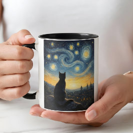 Whimsical Black Cat & Swirling Sky Art Coffee Cup マグカップ