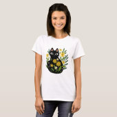 Whimsical Black Cat with Yellow Flowers  Tシャツ (正面フル)
