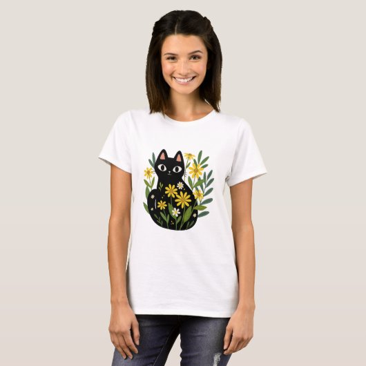 Whimsical Black Cat with Yellow Flowers  Tシャツ (正面フル)