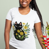 Whimsical Black Cat with Yellow Flowers  Tシャツ