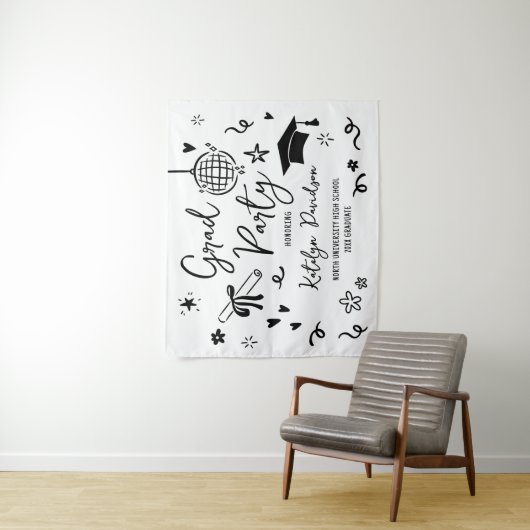 Whimsical Black Doodle Custom Grad Party Backdrop タペストリー (インサイチュ)