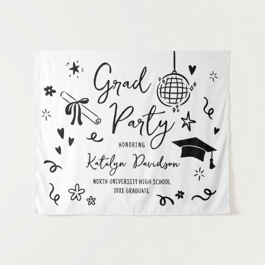 Whimsical Black Doodle Custom Grad Party Backdrop タペストリー (正面(横))