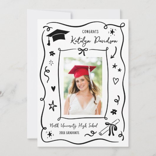 Whimsical Black Doodle Photo Grad Party 招待状 (正面)