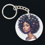 Whimsical Black Girl W/ Flower Adorned Afro キーホルダー<br><div class="desc">Celebrate the beauty and diversity of black women with this sweet print showcasing an AfricanAmerican young lady wearing her crowning glory in a classic round curly afro. Her naturally curly afro is accented with joyful flowers. Check out the Beautifully Black shop for matching items!</div>