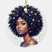 Whimsical Black Girl W/ Flower Adorned Afro セラミックオーナメント (正面)