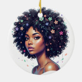 Whimsical Black Girl W/ Flower Adorned Afro セラミックオーナメント (裏面)