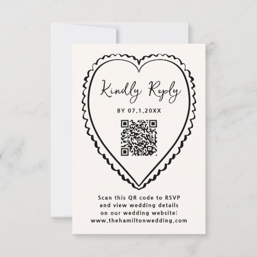 Whimsical Black Heart QR Code Wedding 出欠カード (正面)