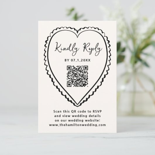 Whimsical Black Heart QR Code Wedding 出欠カード (スタンド正面)