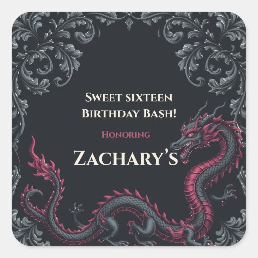 Whimsical Black Red Dragon Damask Sweet 16 Bash スクエアシール (正面)