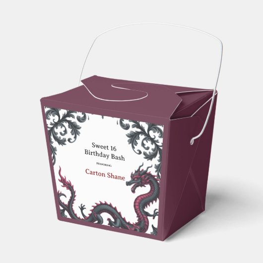 Whimsical Black Red Dragon Damask Sweet 16 Bash フェイバーボックス (正面サイド)