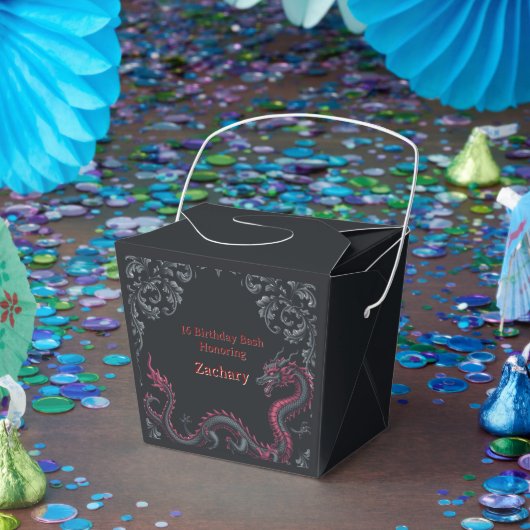 Whimsical Black Red Dragon Damask Sweet 16 Bash フェイバーボックス (パーティー)