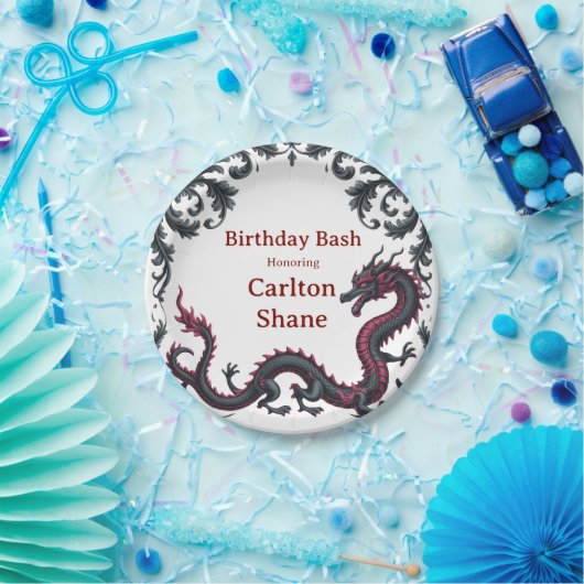 Whimsical Black Red Dragon Damask Sweet 16 Bash ペーパープレート (パーティー)