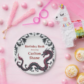 Whimsical Black Red Dragon Damask Sweet 16 Bash ペーパープレート (パーティー)