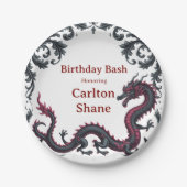 Whimsical Black Red Dragon Damask Sweet 16 Bash ペーパープレート (正面)