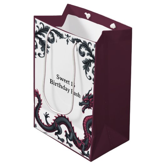 Whimsical Black Red Dragon Damask Sweet 16 Bash ミディアムペーパーバッグ (正面アングル)
