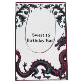 Whimsical Black Red Dragon Damask Sweet 16 Bash ミディアムペーパーバッグ (正面)
