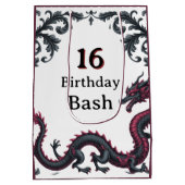 Whimsical Black Red Dragon Damask Sweet 16 Bash ミディアムペーパーバッグ (裏面)