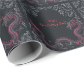 Whimsical Black Red Dragon Damask Sweet 16 Bash ラッピングペーパー (ロールコーナー)