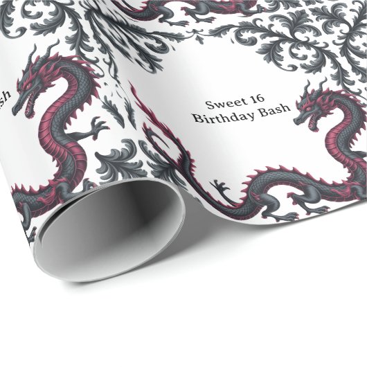 Whimsical Black Red Dragon Damask Sweet 16 Bash ラッピングペーパー (ロールコーナー)