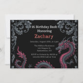 Whimsical Black Red Dragon Damask Sweet 16 Bash 招待状 (正面)
