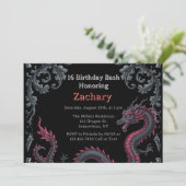 Whimsical Black Red Dragon Damask Sweet 16 Bash 招待状 (スタンド正面)