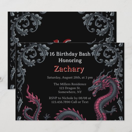 Whimsical Black Red Dragon Damask Sweet 16 Bash 招待状 (正面/裏面)