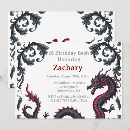 Whimsical Black Red Dragon Damask Sweet 16 Bash 招待状 (正面/裏面)