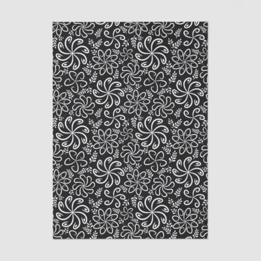 Whimsical Black White Spiral Flower Leafs Pattern 薄葉紙 (正面)