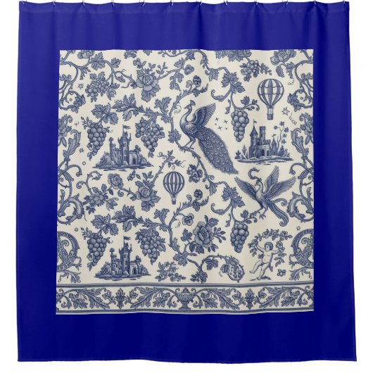 Whimsical Blue and White Peacock, Castle  シャワーカーテン (正面)
