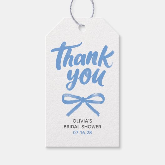 Whimsical Blue Bow Handwritten Bridal Thank You ギフトタグ (正面)