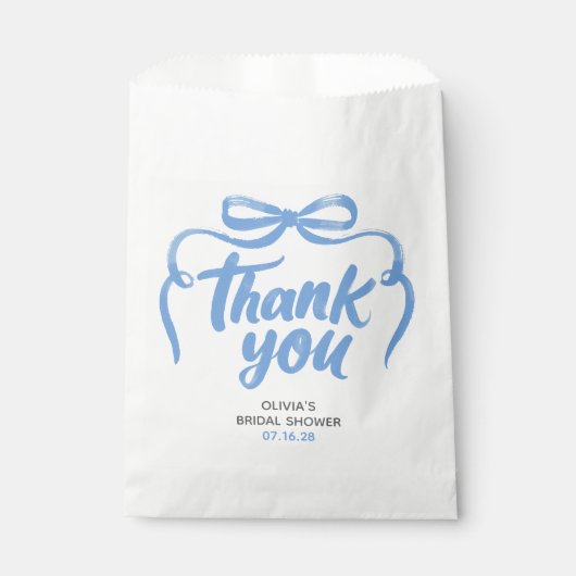 Whimsical Blue Bow Handwritten Bridal Thank You フェイバーバッグ (正面)