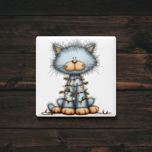 Whimsical Blue Cat Christmas Tree Magnet マグネット
