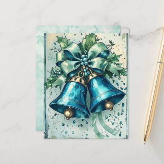 Whimsical Blue Christmas Bells Scrapbook Paper (正面/裏面インサイチュ)