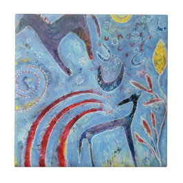 Whimsical blue dog and pony タイル