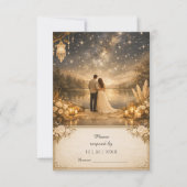 Whimsical Blue Gold Starry Night outdoor wedding 出欠カード (正面)