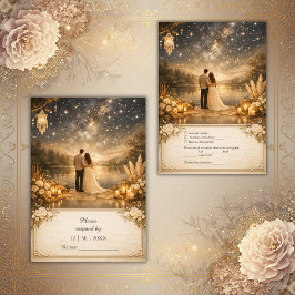 Whimsical Blue Gold Starry Night outdoor wedding 出欠カード
