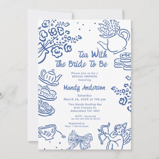 Whimsical Blue Hand Drawn Cherub Tea Bridal Shower 招待状 (正面)