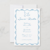 Whimsical Blue Hand Drawn Floral Stripe Photo セーブザデート (正面)