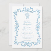 Whimsical Blue Hand Drawn Floral Stripe Wedding 招待状 (正面)